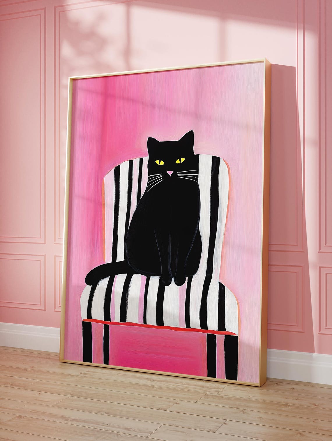 Black Cat On Striped Chair Wall Art Minimalist Pink And Black Home Decor Modern Animal Print Bold Abstract Cat Art - Image 4