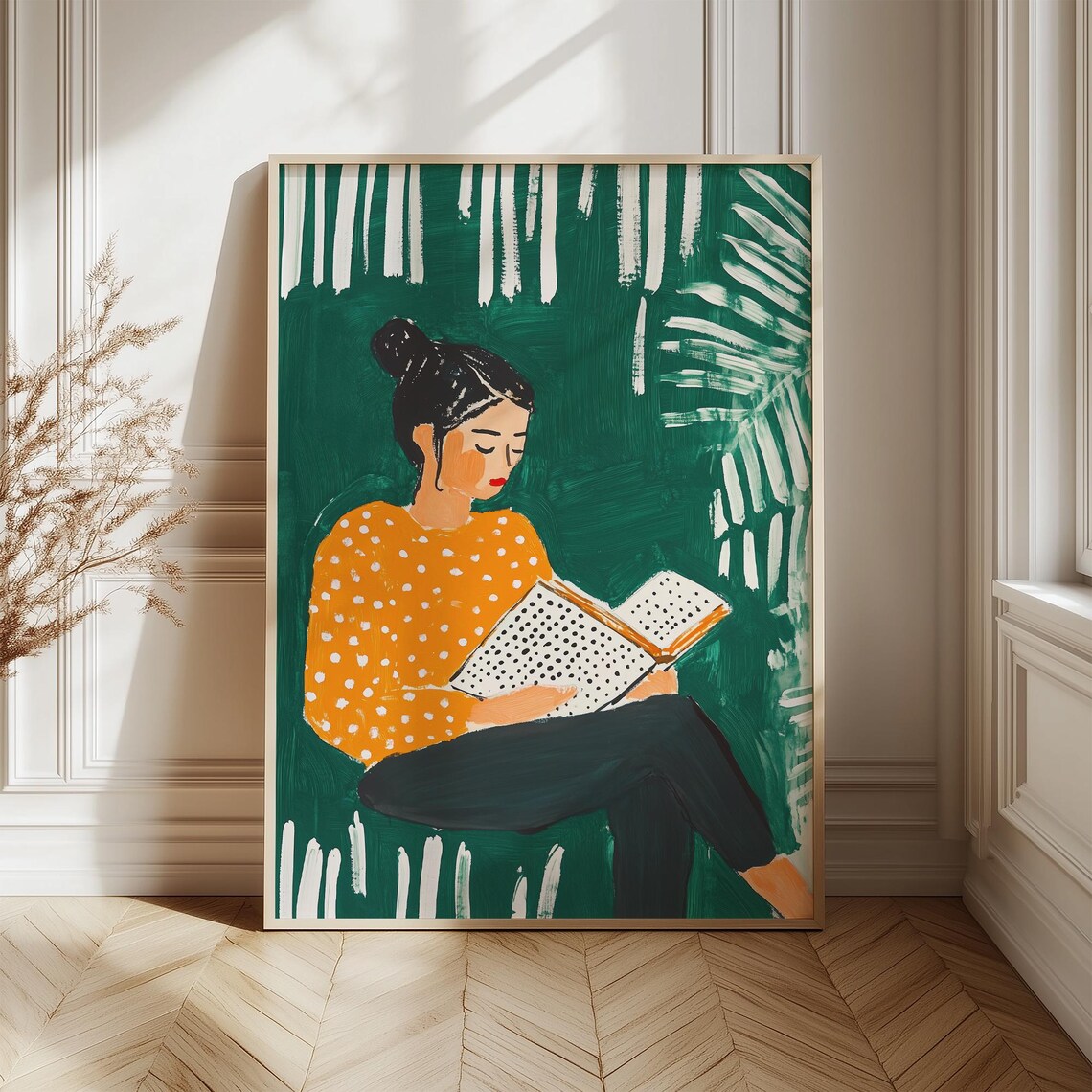 Woman Reading Book Polka Dot Sweater Green Minimalist Art Poster - Image 2