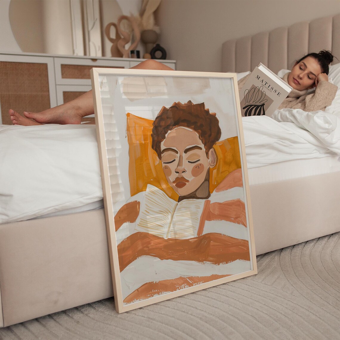 Woman Reading in Bed Warm Terracotta Striped Blanket Portrait Poster - Image 3