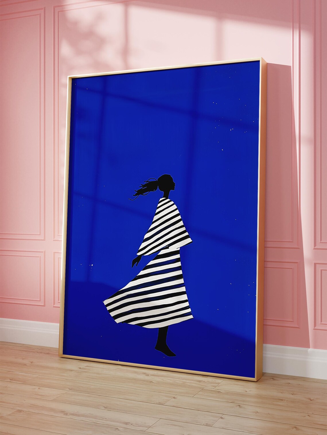 Elegant Striped Dress Woman Silhouette on Bold Royal Blue Poster - Image 4