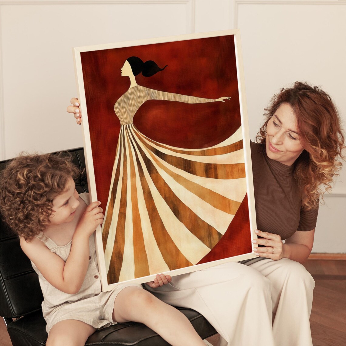 Spinning Dancer in Striped Gown Against Deep Red Backdrop Poster - Image 3