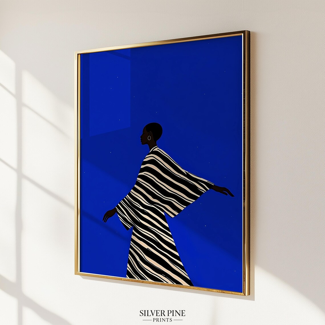 Silhouette Woman in Striped Kaftan on Cobalt Blue Starry Night Poster - Image 3