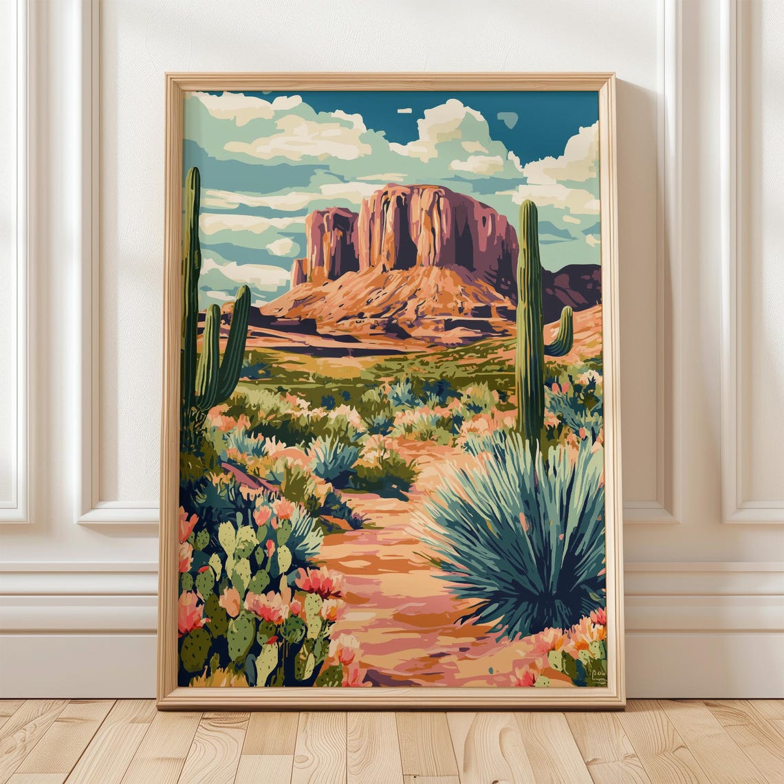 Southwest Desert Cactus Landscape Retro Red Rock Butte Poster
