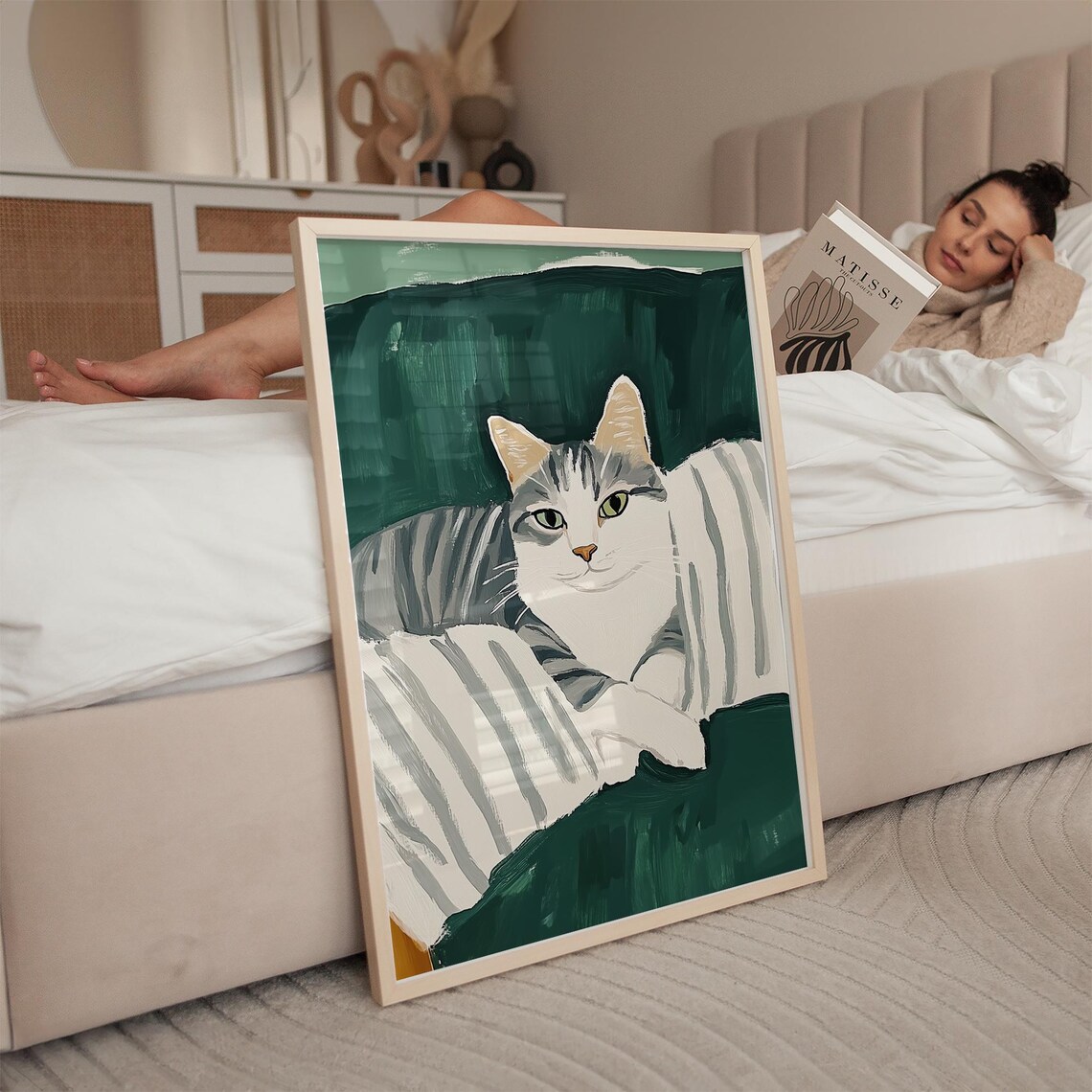 Striped Cat On Green Sofa, Cozy Minimalist Art Print - Image 5