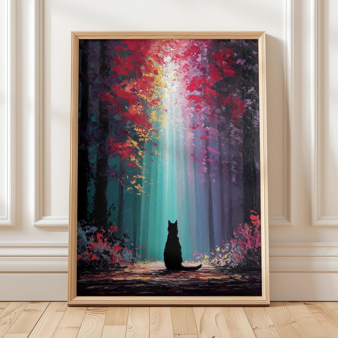 Black Cat In Enchanted Autumn Forest, Art Print
