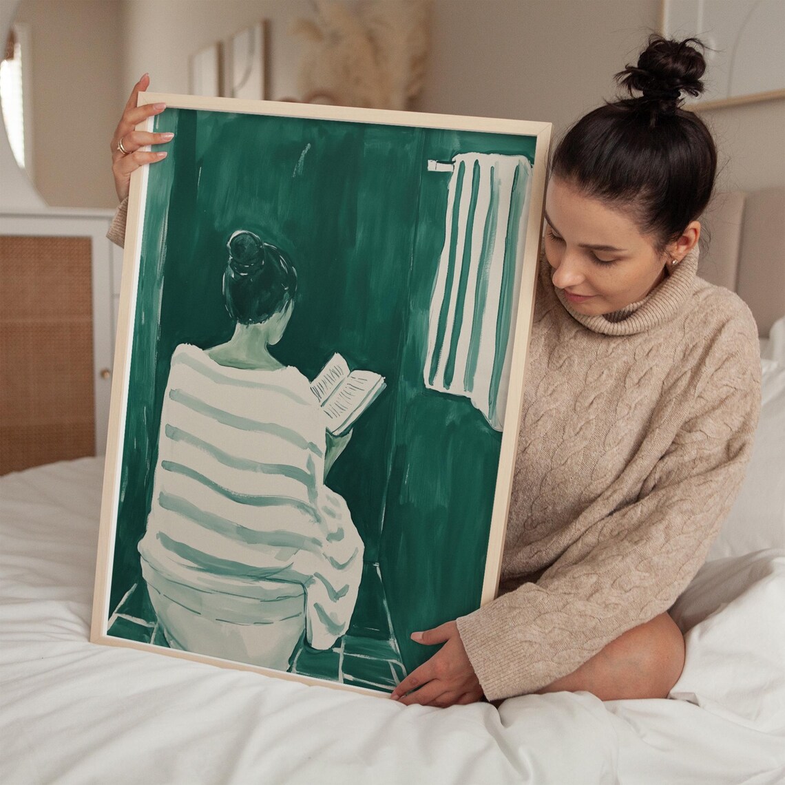Back View Woman Reading, Minimalist Bathroom Decor