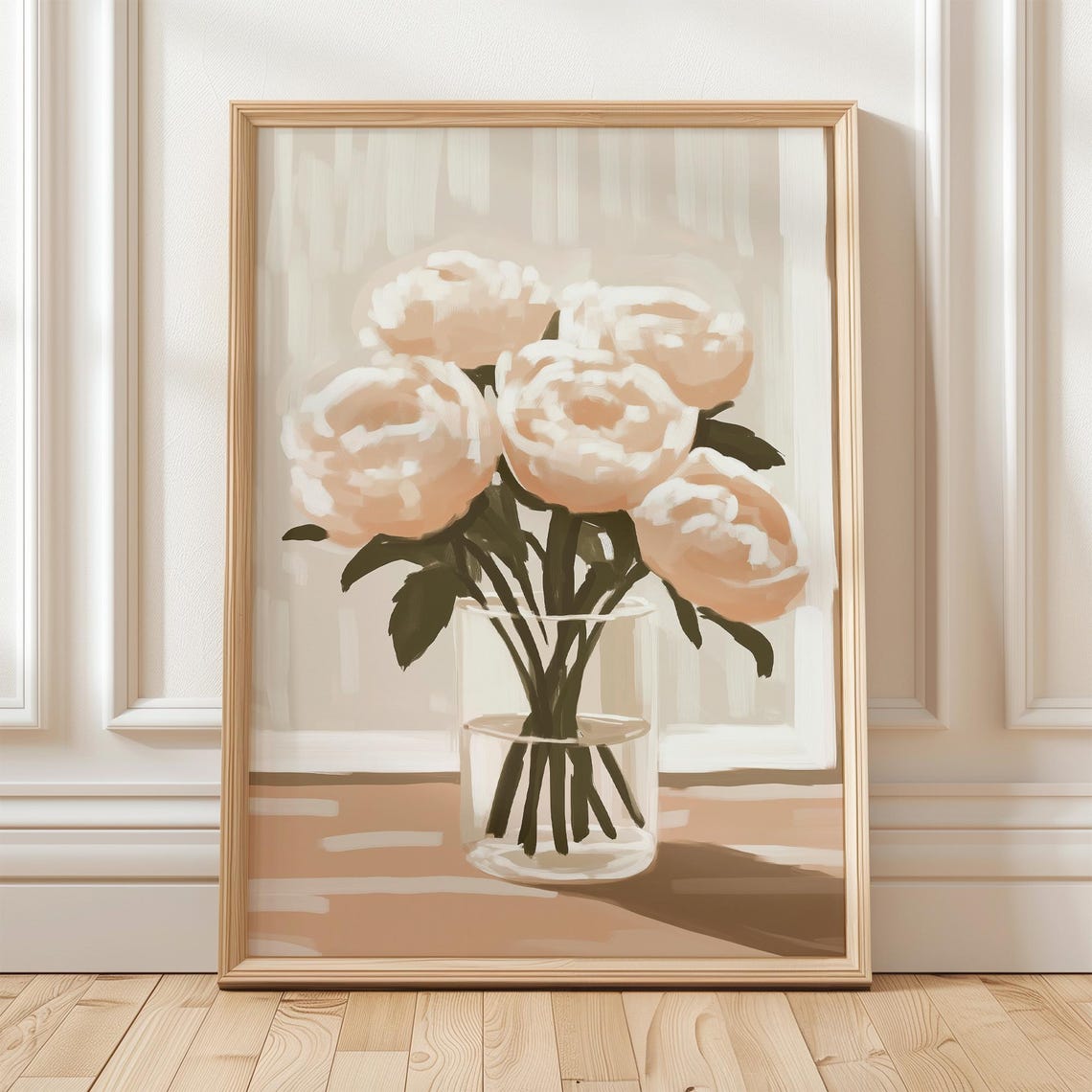 White Peonies In Glass Vase Soft Beige Neutral Floral Painting Poster