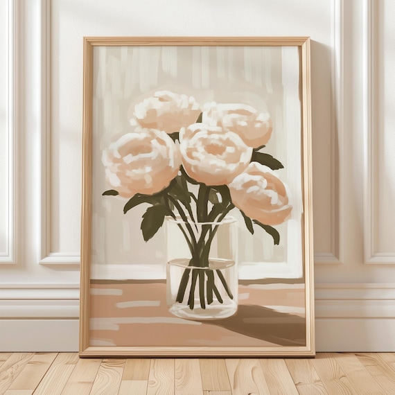Peony Flower Wall Art Vase Painting Soft Beige Floral Print Neutral Botanical Poster Home Decor Artwork