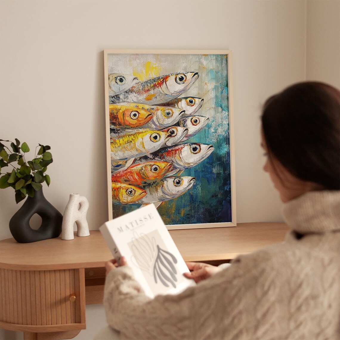 Sardine Oil Painting Print, Abstract Coastal Art - Image 3