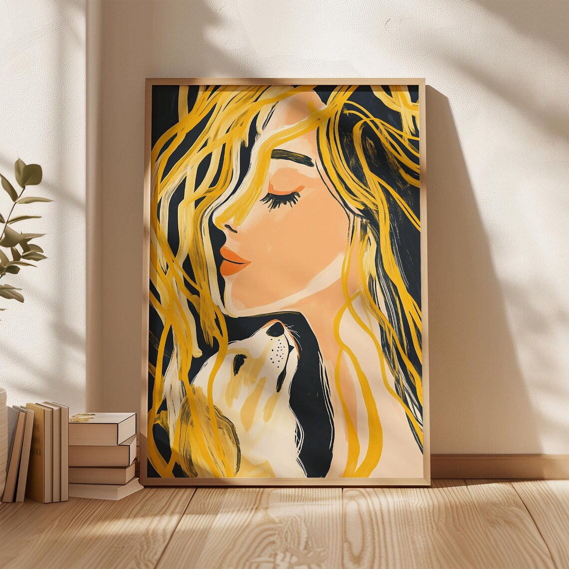 Woman Holding Dog Golden Hour Abstract Modern Pet Portrait Poster