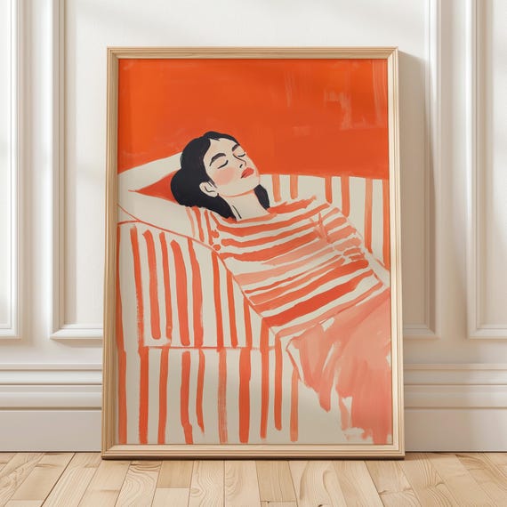 Relaxing Woman Wall Art Bold Orange And White Abstract Print Minimalist Striped Design Modern Home Decor Illustration