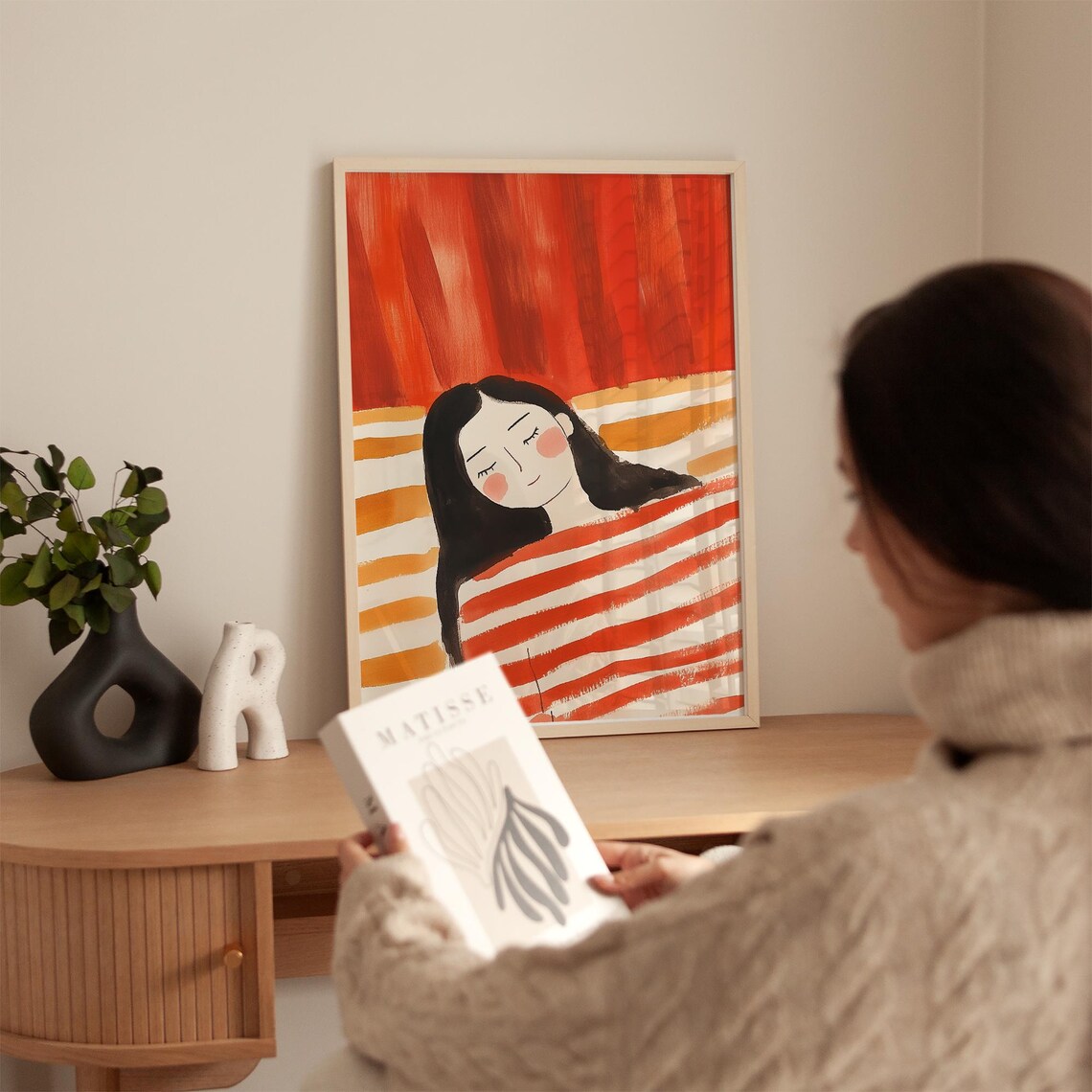Peaceful Sleeping Woman Wrapped in Red Striped Blanket Art Poster - Image 3