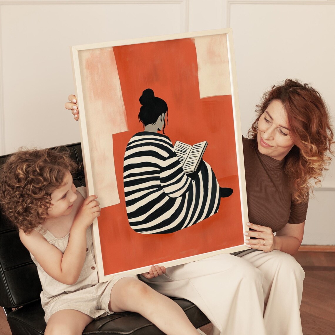 Woman in Striped Robe Reading Against Terracotta Minimalist Art Poster - Image 5