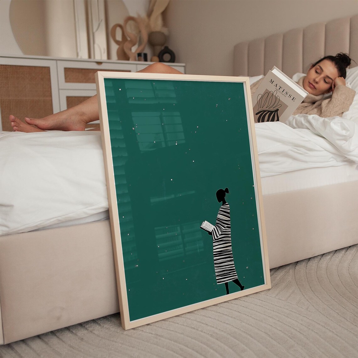 Silhouette Woman Reading Under Stars Emerald Green Minimalist Poster - Image 2