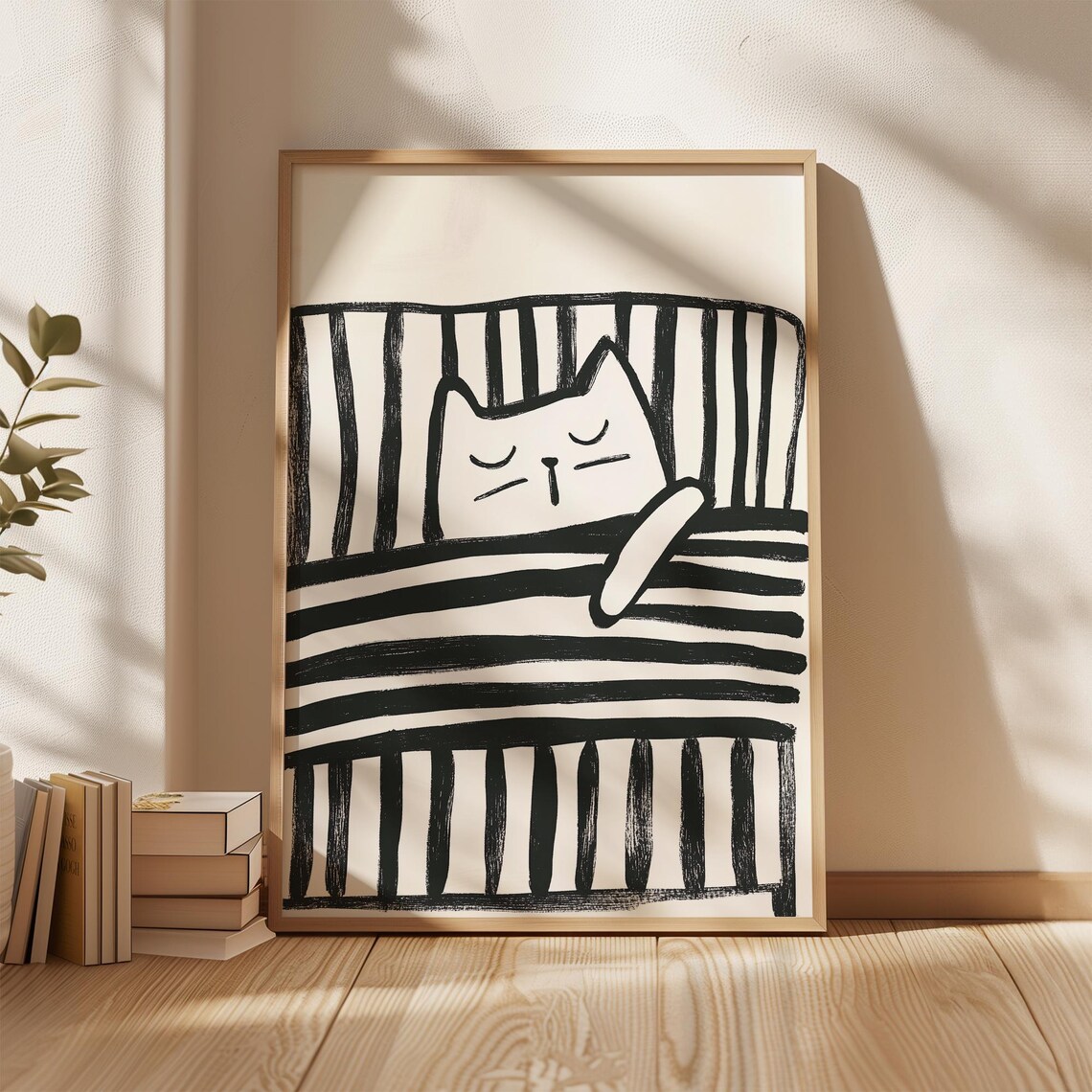 Peaceful Sleeping White Cat Curled on Striped Bed Monochrome Poster - Image 3