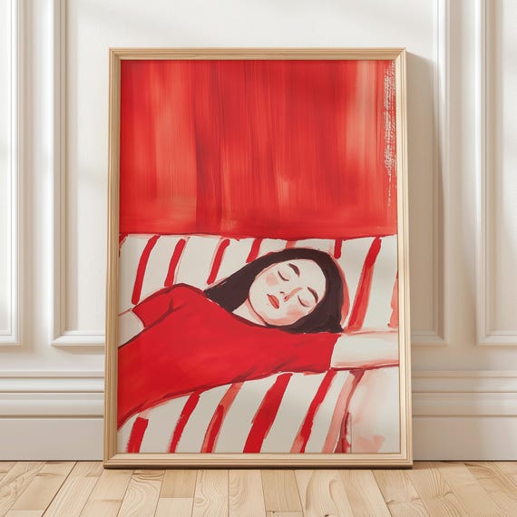 Sleeping Woman Wall Art Bold Red Abstract Print Minimalist Striped Couch Illustration Modern Home Decor