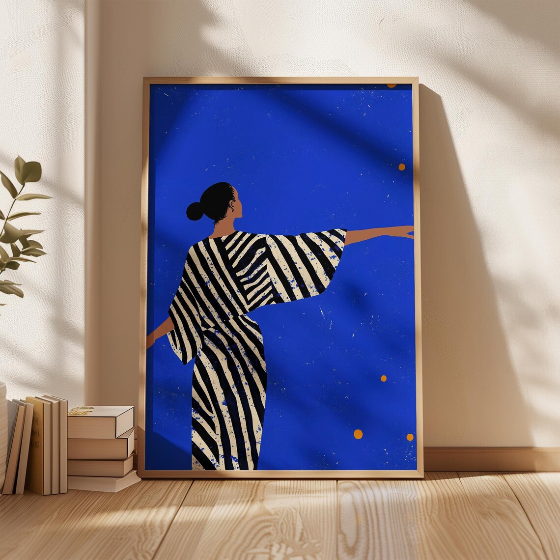 Woman in Striped Kimono Dress on Vivid Blue Night Sky Poster - Image 3
