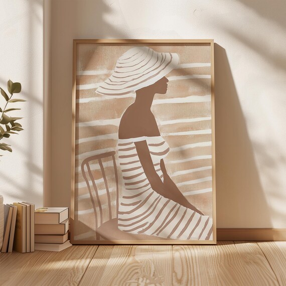 Seated Woman with Sun Hat Striped Dress Beige Abstract Art Poster