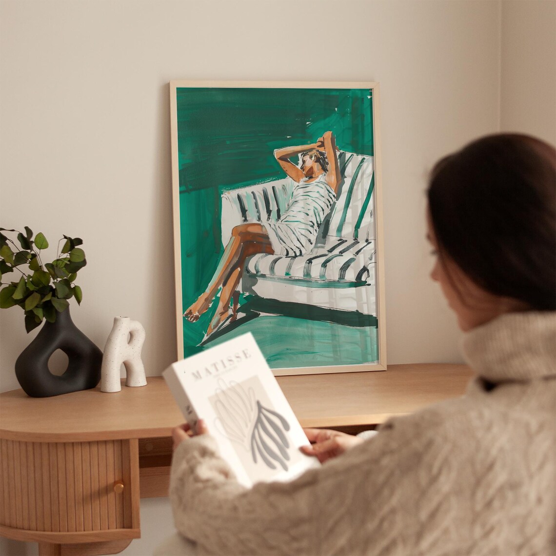 Relaxing Woman in Stripes on Emerald Green Sofa Modern Art Poster - Image 5
