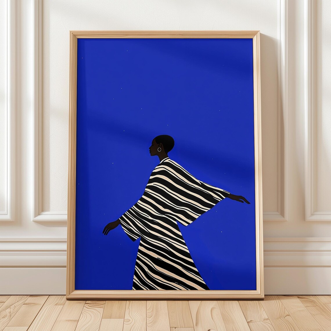 Silhouette Woman in Striped Kaftan on Cobalt Blue Starry Night Poster