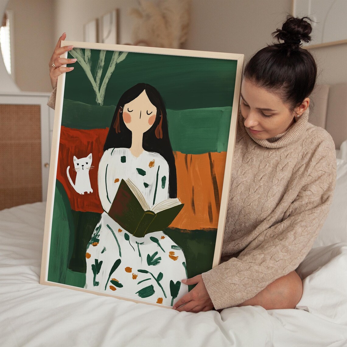 Reading Woman with White Cat Cozy Book Lover Minimalist Art Poster - Image 2