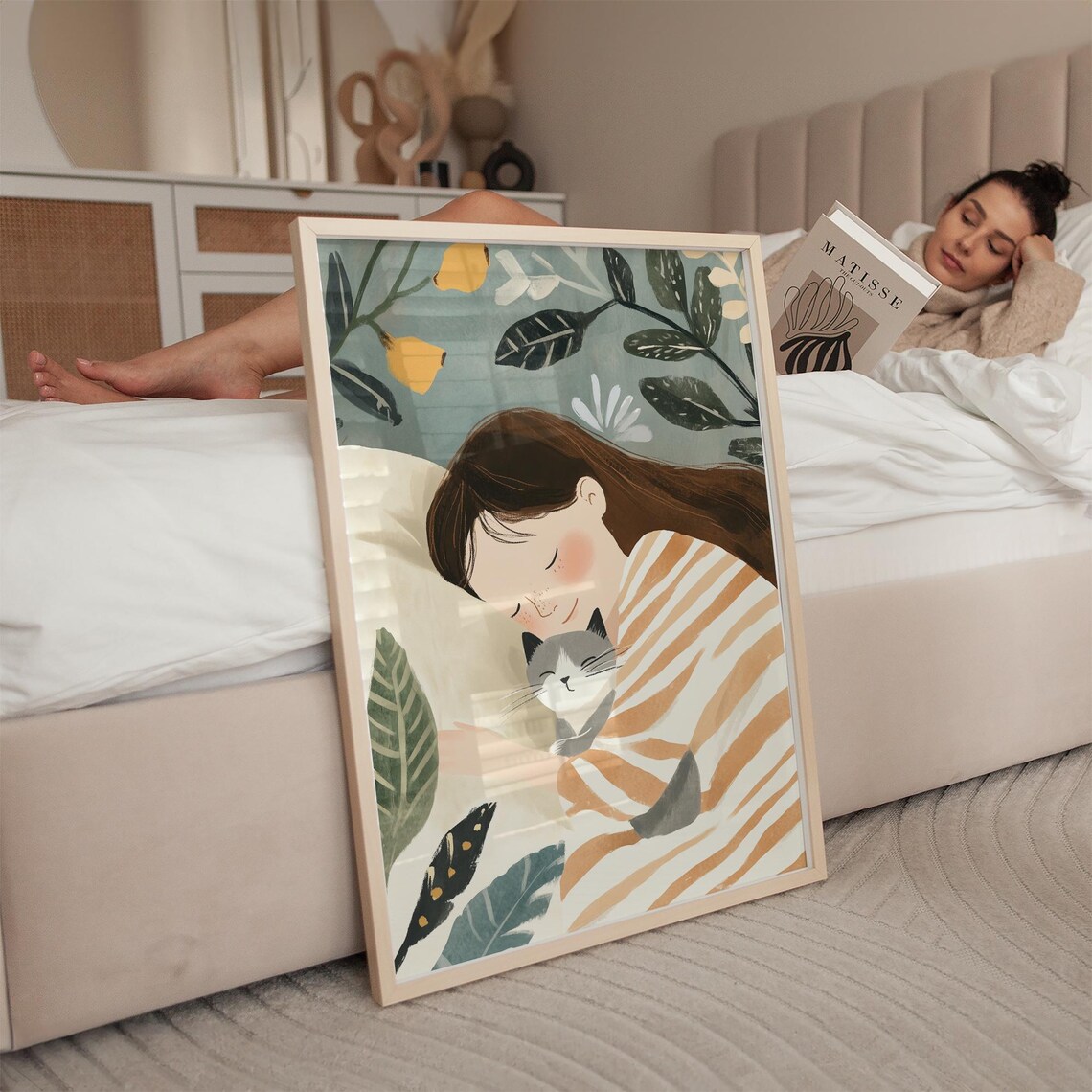 Cute Cat And Woman Sleeping Together, Whimsical Feline Print - Image 3