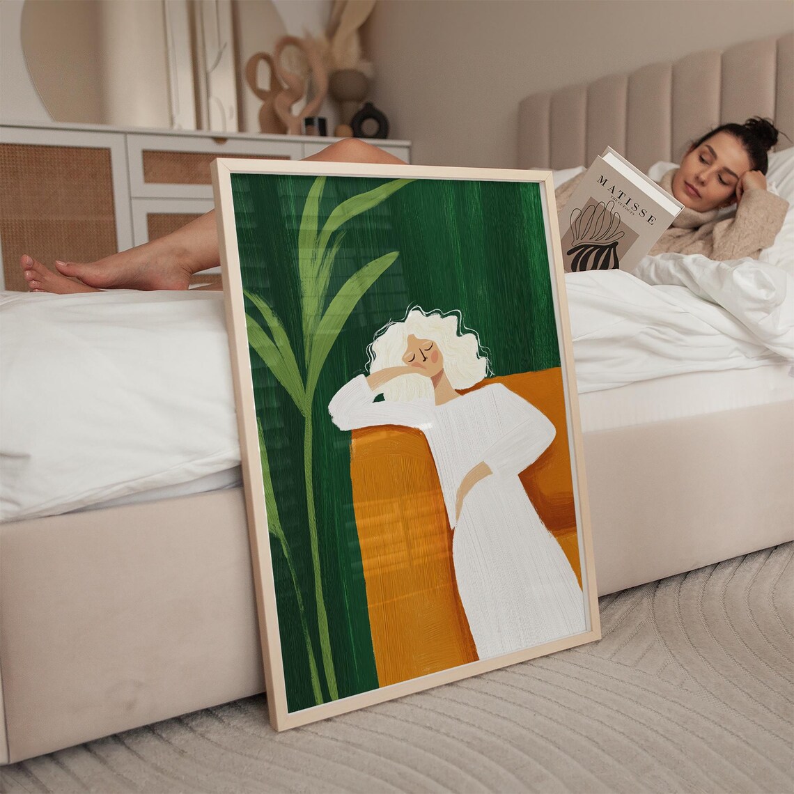 White-Haired Woman Resting in White Dress Modern Minimalist Poster - Image 2