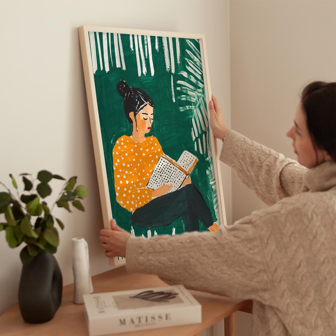 Woman Reading Book Polka Dot Sweater Green Minimalist Art Poster - Image 5