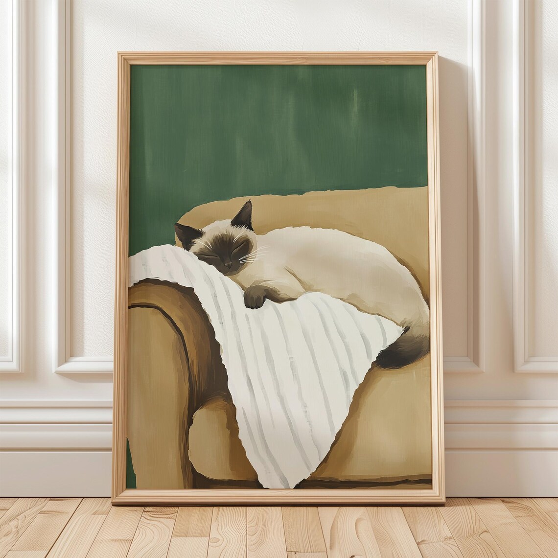 Sleeping Siamese Cat on Striped Blanket Green Cozy Pet Poster - Image 3