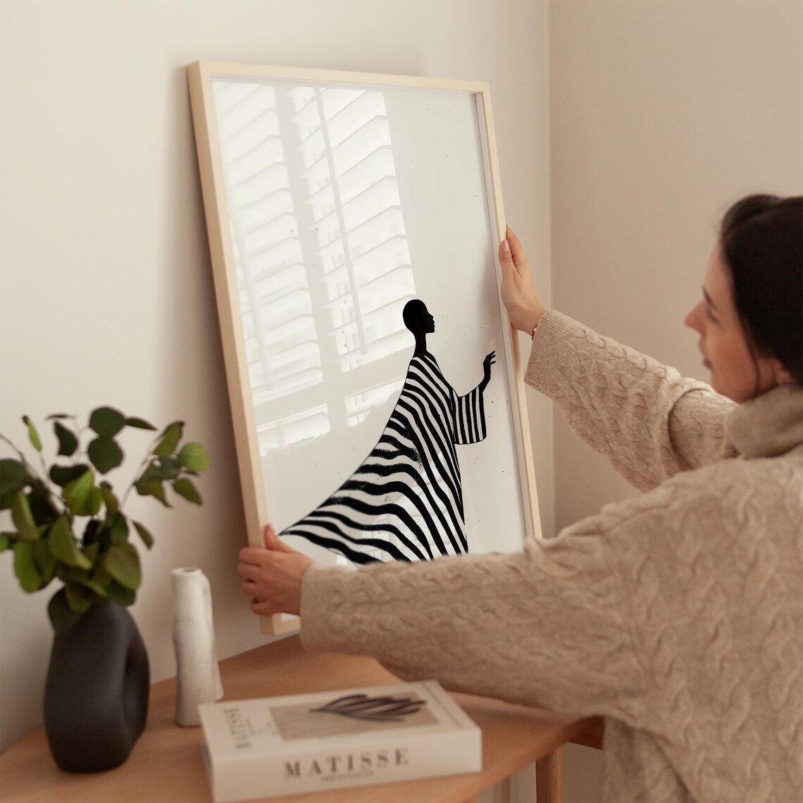 Woman in Profile with Flowing Striped Dress Minimalist Art Poster - Image 2