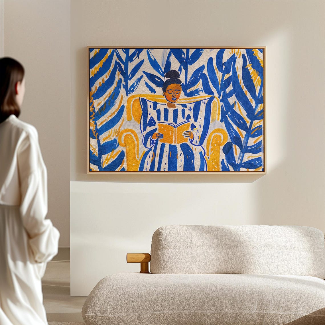 Colorful Reading Woman Art Bold Blue And Yellow Wall Art Botanical Pattern Print Cozy Living Room Artwork Print - Image 3