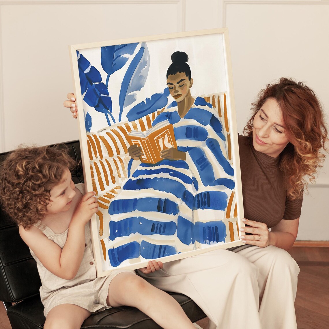 Blue Striped Reading Woman, Relaxed Abstract Art Print - Image 3