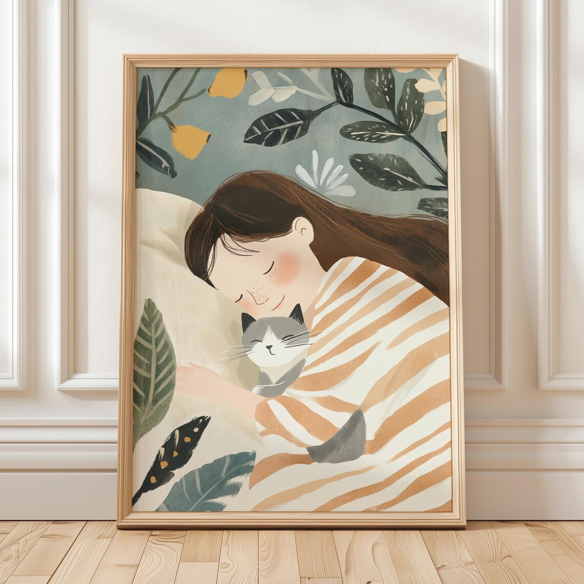 Cute Cat And Woman Sleeping Together, Whimsical Feline Print