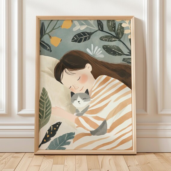 Cute Cat And Woman Sleeping Together, Whimsical Feline Print