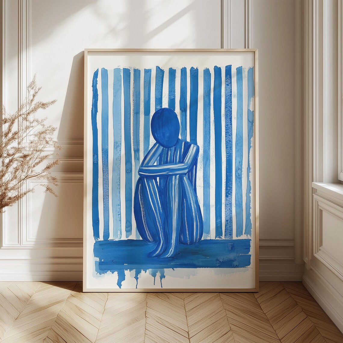 Abstract Blue Striped Figure, Modern Minimalist Art Print