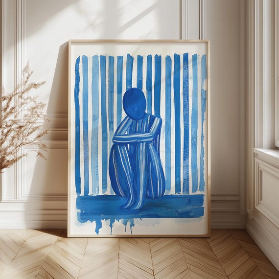 Abstract Blue Striped Figure, Modern Minimalist Art Print