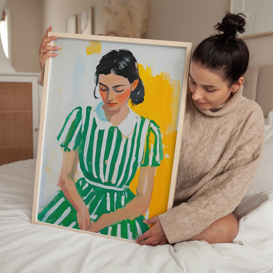 Seated Woman in Green Striped Dress Yellow Background Poster - Image 4