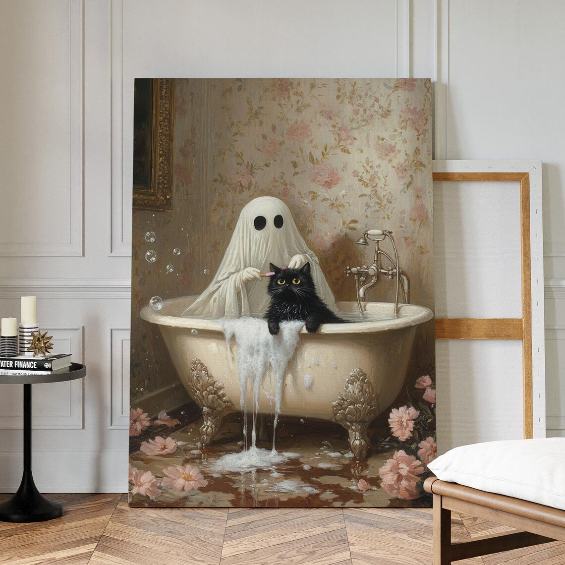Vintage Ghost And Cat Bath Scene, Gothic Art Print