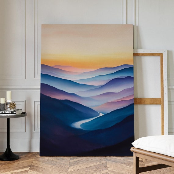 Abstract Mountain Sunset Layered Misty Hills And River At Dusk Serene Landscape Wall Art