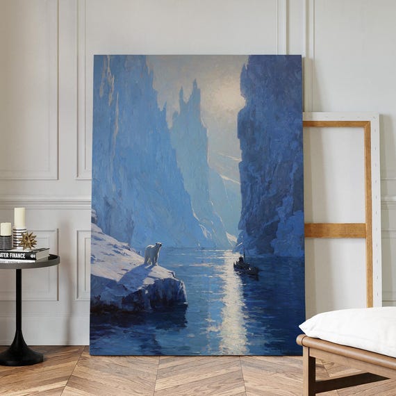 Polar Bear And Boat In Arctic Ice Fjord Vintage Oil Painting Canvas Wall Art With Glacial Mountains Sunlit Reflections