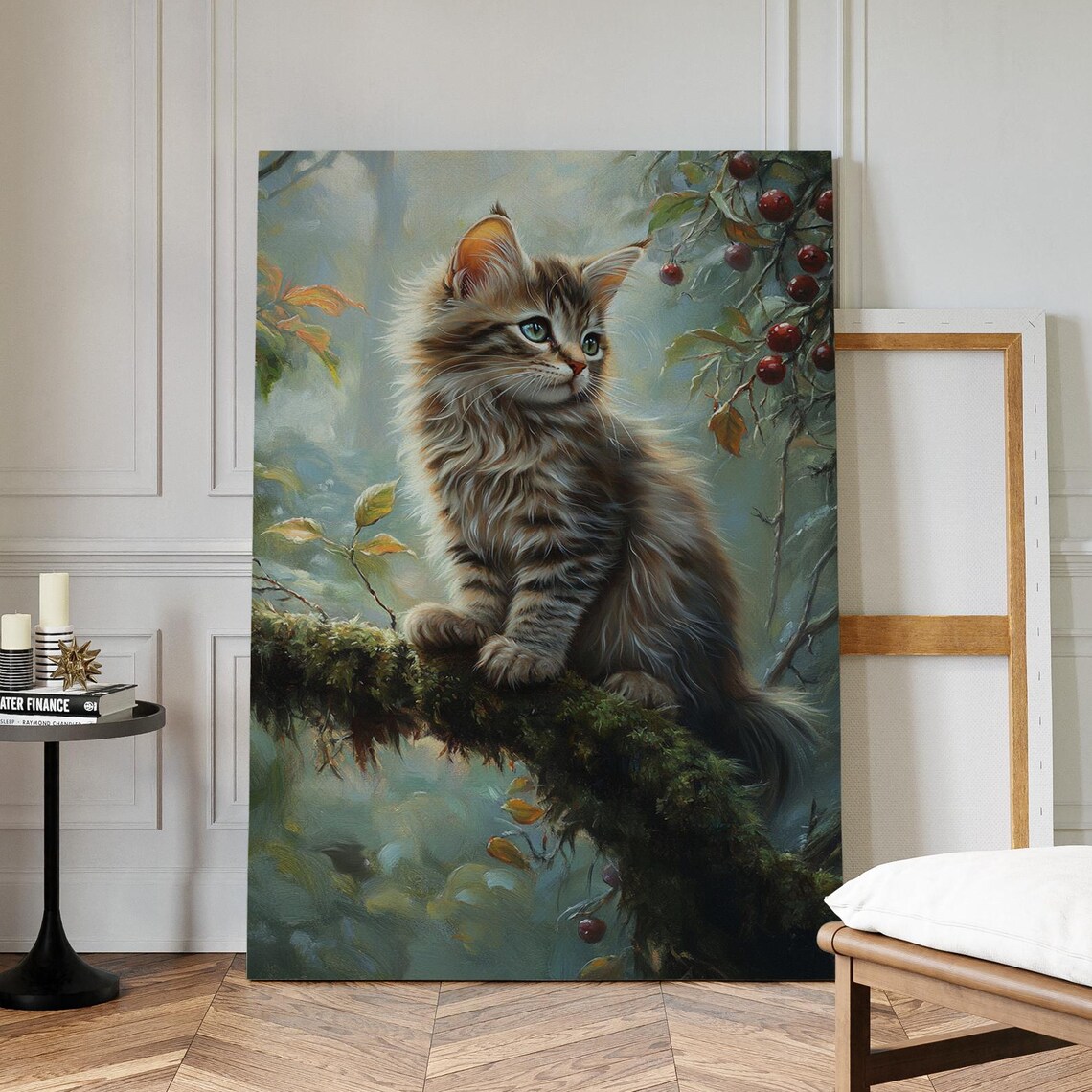 Fluffy Kitten On Mossy Branch Vintage Cat Painting Cute Art Poster