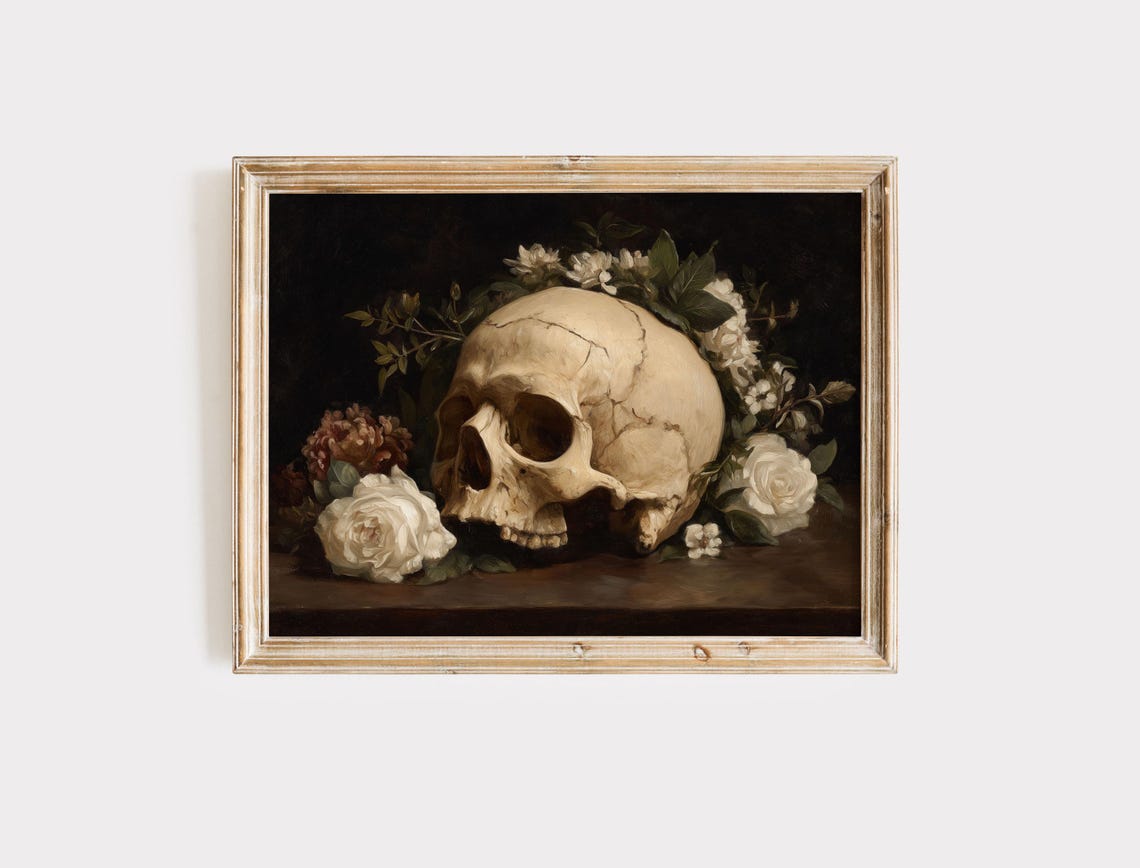Gothic Skull with White Roses Dark Floral Vanitas Oil Painting Print