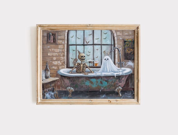 Skeleton And Ghost Bubble Bath Funny Spooky Halloween Bathroom Art Poster