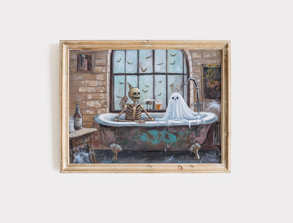 Skeleton And Ghost Bubble Bath Funny Spooky Halloween Bathroom Art Poster