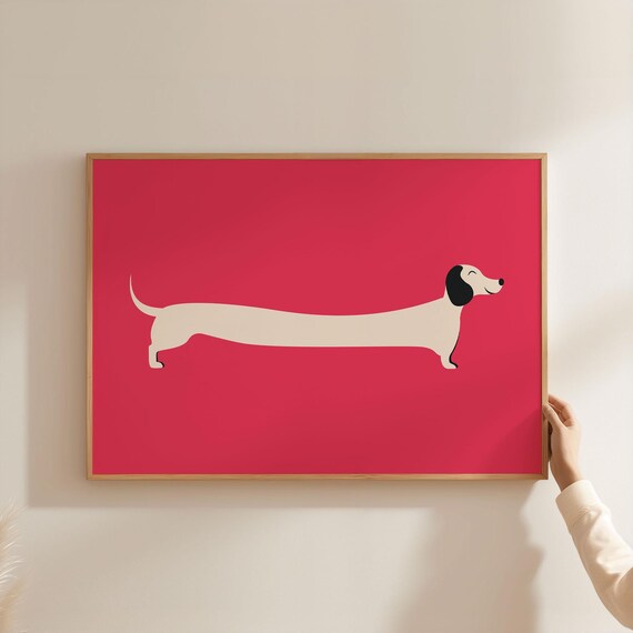 Minimalist Cream Dachshund Silhouette on Hot Pink Background Poster