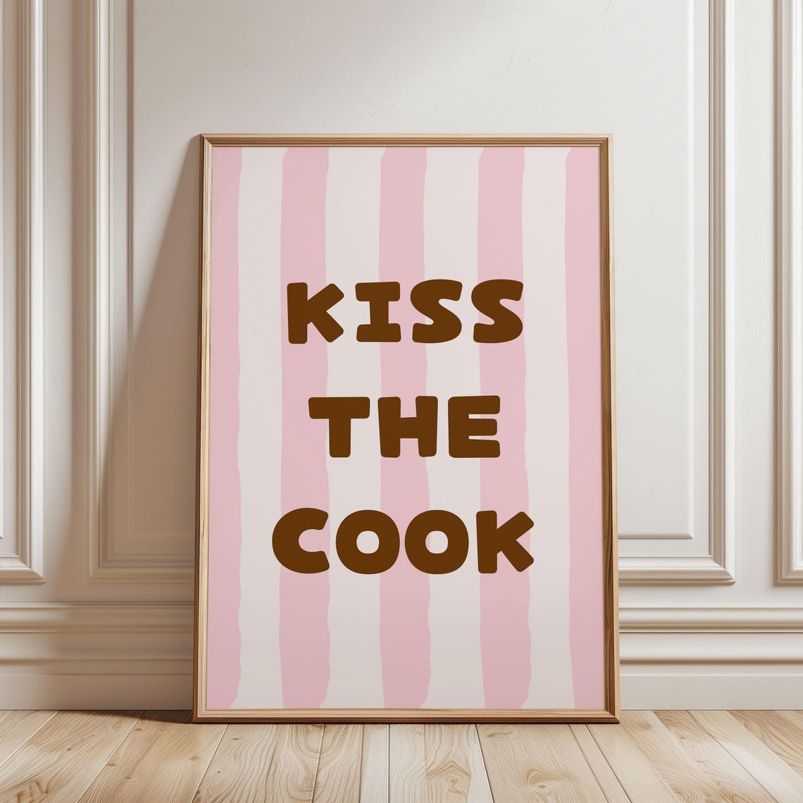 Kiss the Cook Funny Pink Striped Typography Kitchen Quote Poster
