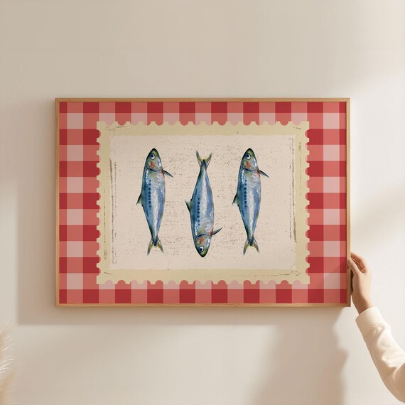 Sardines Wall Art Print Horizontal Coastal Kitchen Decor Nautical Fish Poster Vintage Red Checkered Pattern Gingham