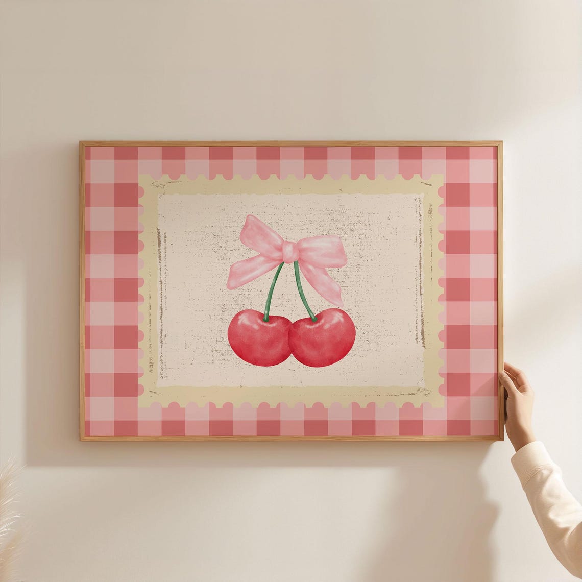 Pink Cherry Bow Art Print Coquette Gingham Stamp Retro Wall Decor