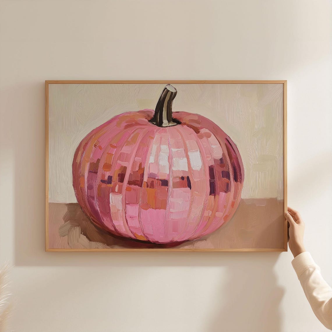Pink Disco Pumpkin Fall Painting Modern Glam Halloween Wall Art