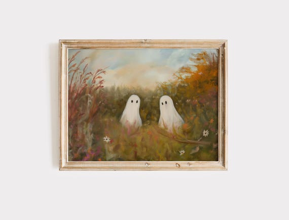 Two Cute Ghosts in Autumn Flower Field Cute Halloween Art Print